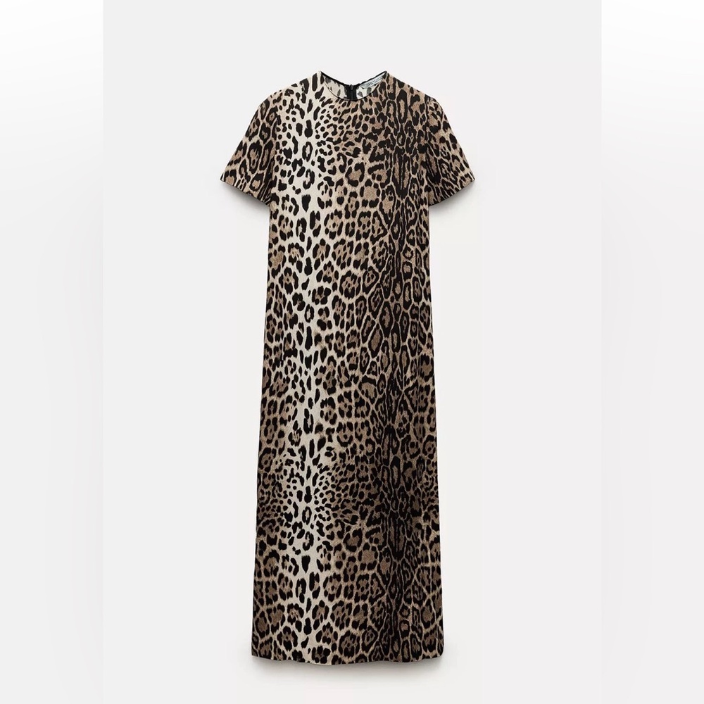 Zara Leopard Print long Dress - Neutral Brown & Black